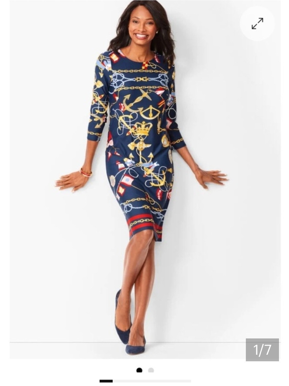 Talbots Navy Sheath Dress with Gold & Red Nautical Chain Print